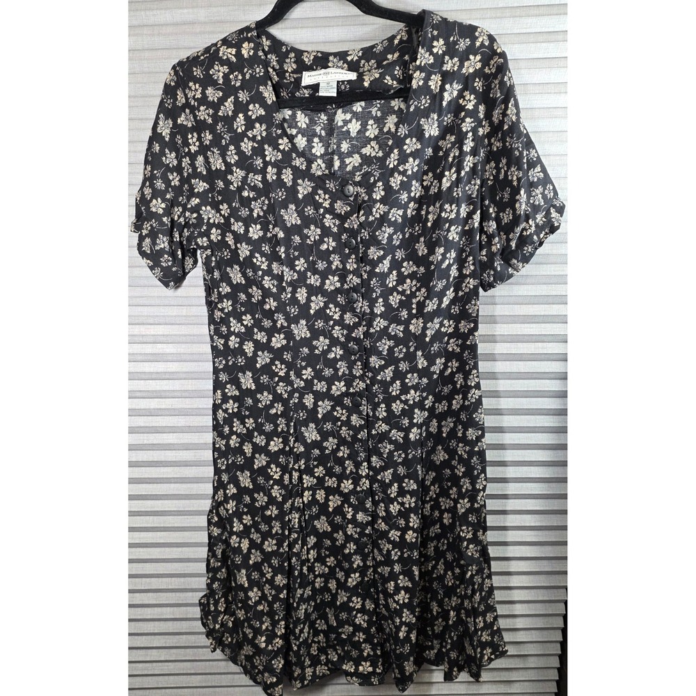 Vtg Maggie Lawrence Floral Button Front Dress Size 12 Black Khaki Rayon 90s